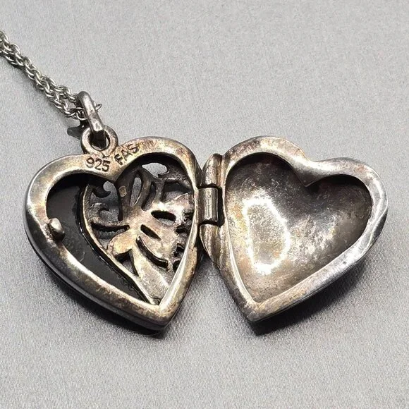 VTG FAS Sterling Silver Marcasite Onyx Heart Locket Pendant 1" Cutouts Signed - Picture 5 of 13